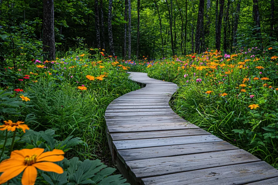 Holzlattenweg durch eine Blumenweise im Wald